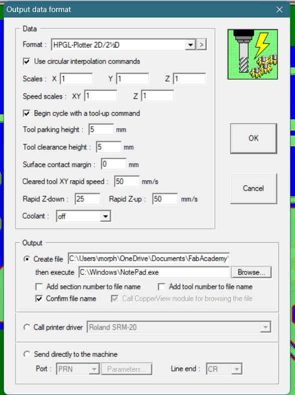 CopperCAM toolpath output data settings
